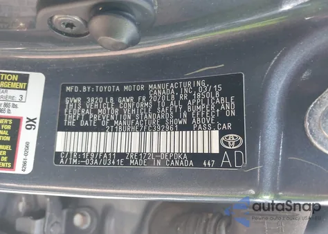 2015 Toyota Corolla L из США, поврежденный, VIN 2T1BURHE7FC392961